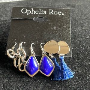 Silver tone and blue 3 piece earring set for pierced ears.